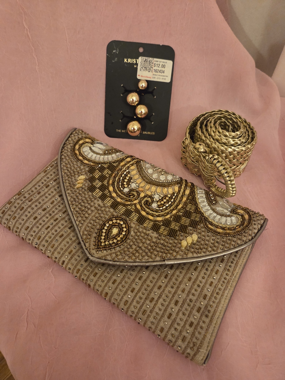 Embellished Gold Beaded Evening Clutch Shoulder Braided Bag Belt Hair Tie Gold